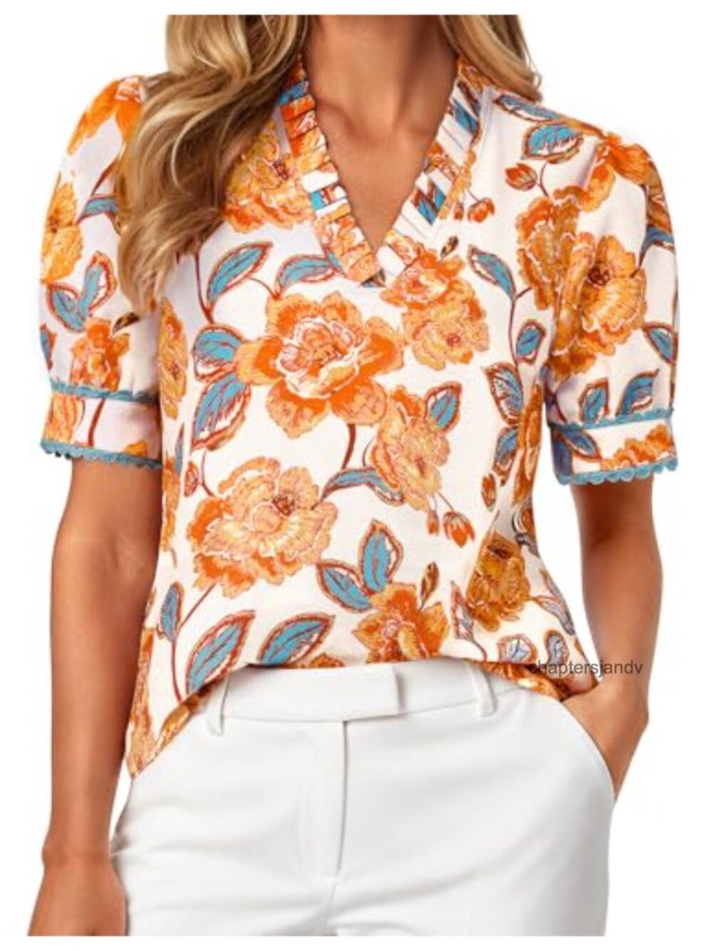 Womens Boho Floral Peasant Top V Neck Puff Short Sleeve Lightweight Blouse